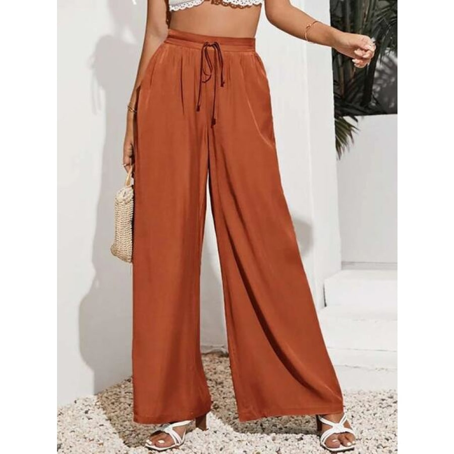 Drawstring Wide Leg Pants Brick Red / S Clothing