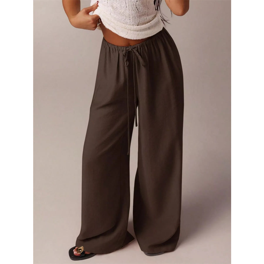 Drawstring Wide Leg Pants Brown / S Apparel and Accessories