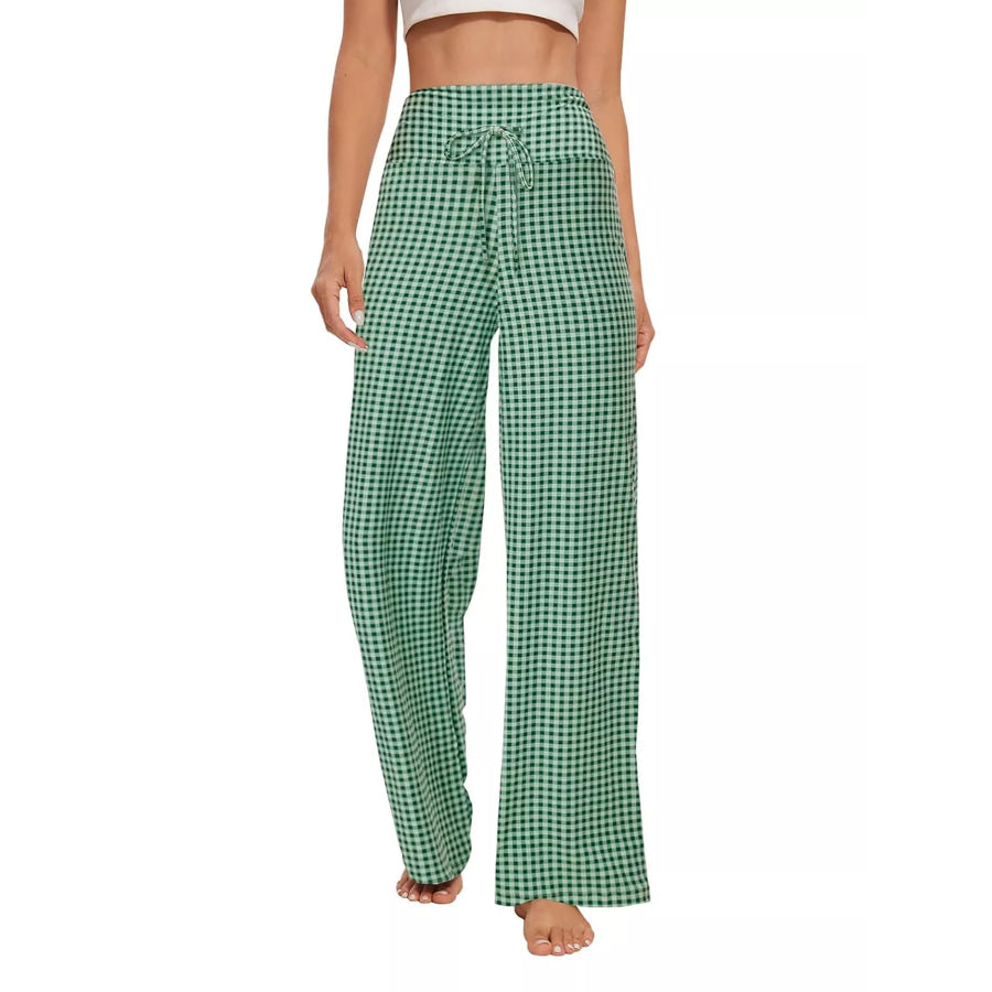 Drawstring Wide-Leg Pants Green-Small Check / S Apparel and Accessories