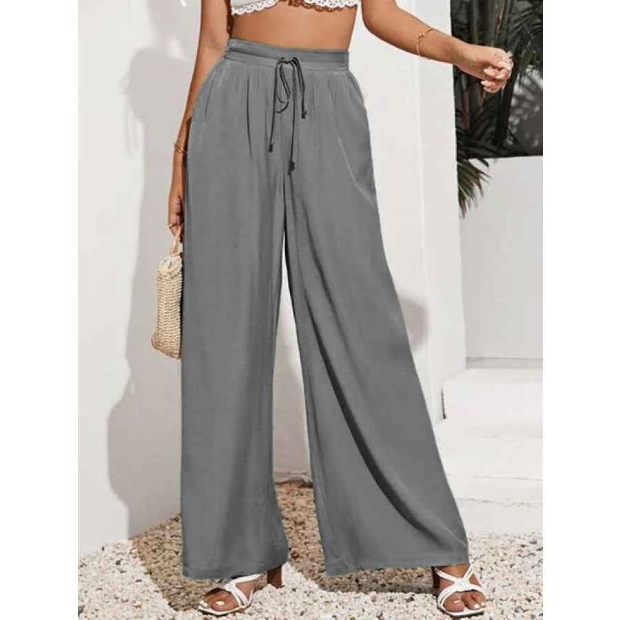 Drawstring Wide Leg Pants Heather Gray / S Clothing