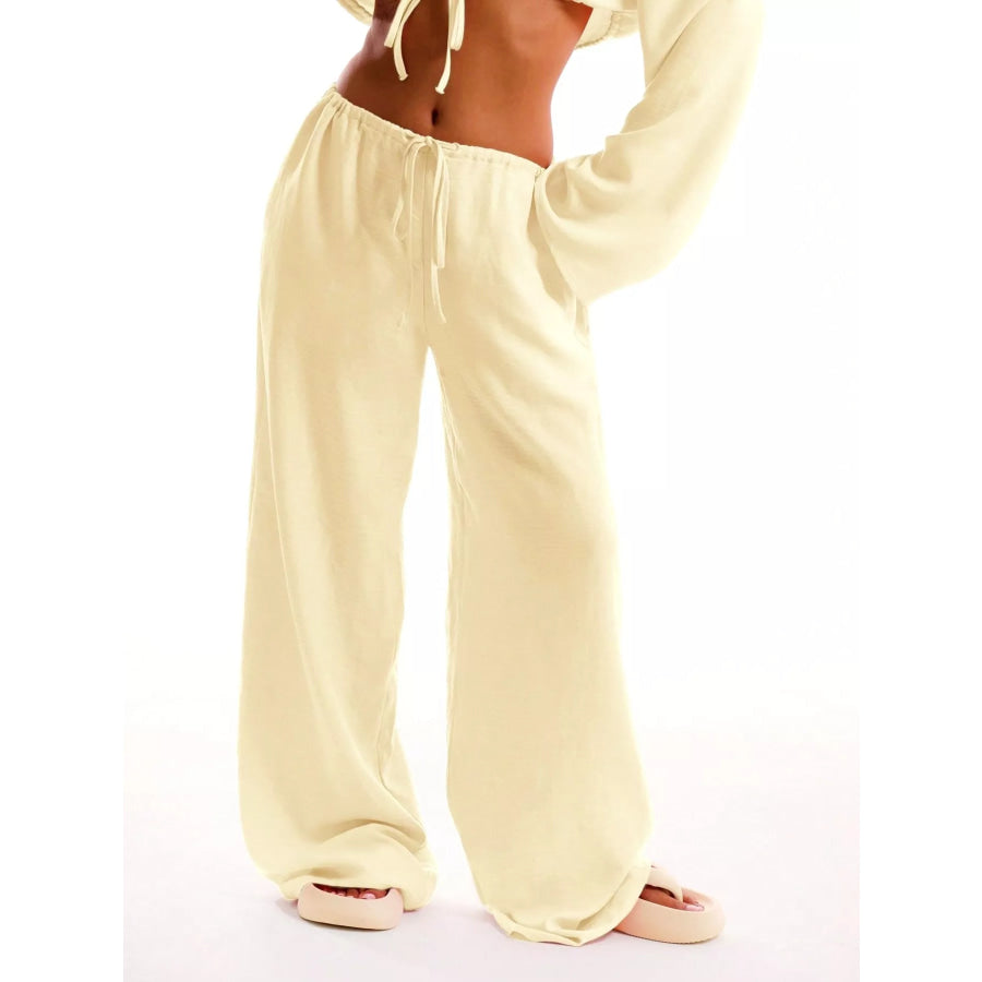 Drawstring Wide Leg Pants Pastel Yellow / S Apparel and Accessories