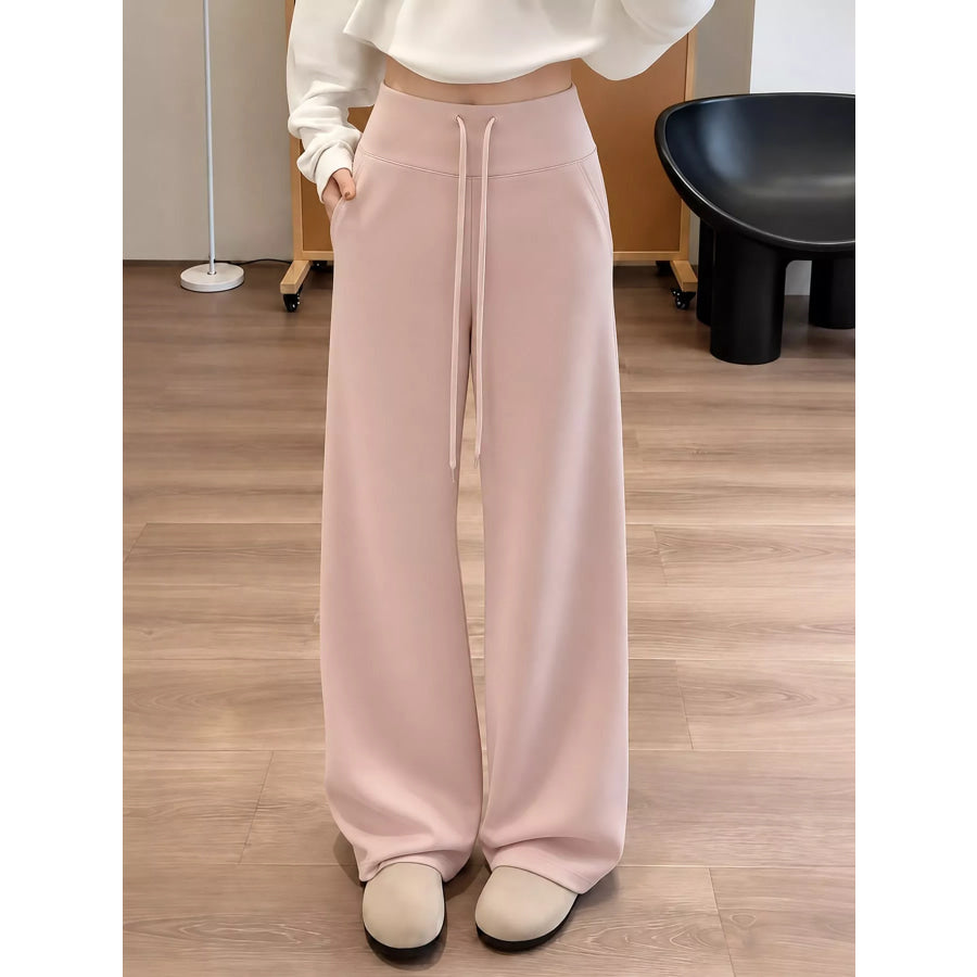 Drawstring Wide-Leg Pants Pink-Regular / S Apparel and Accessories