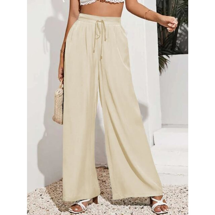 Drawstring Wide Leg Pants Sand / S Clothing