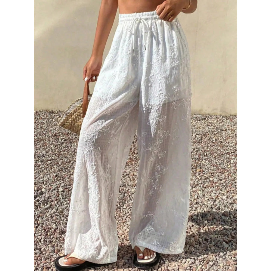 Drawstring Wide-Leg Pants White / S Apparel and Accessories