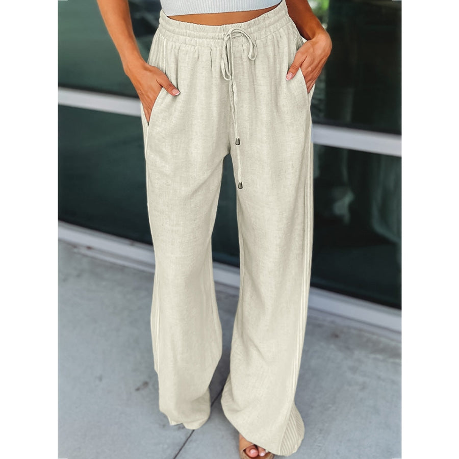 Drawstring Wide Leg Pants White / S