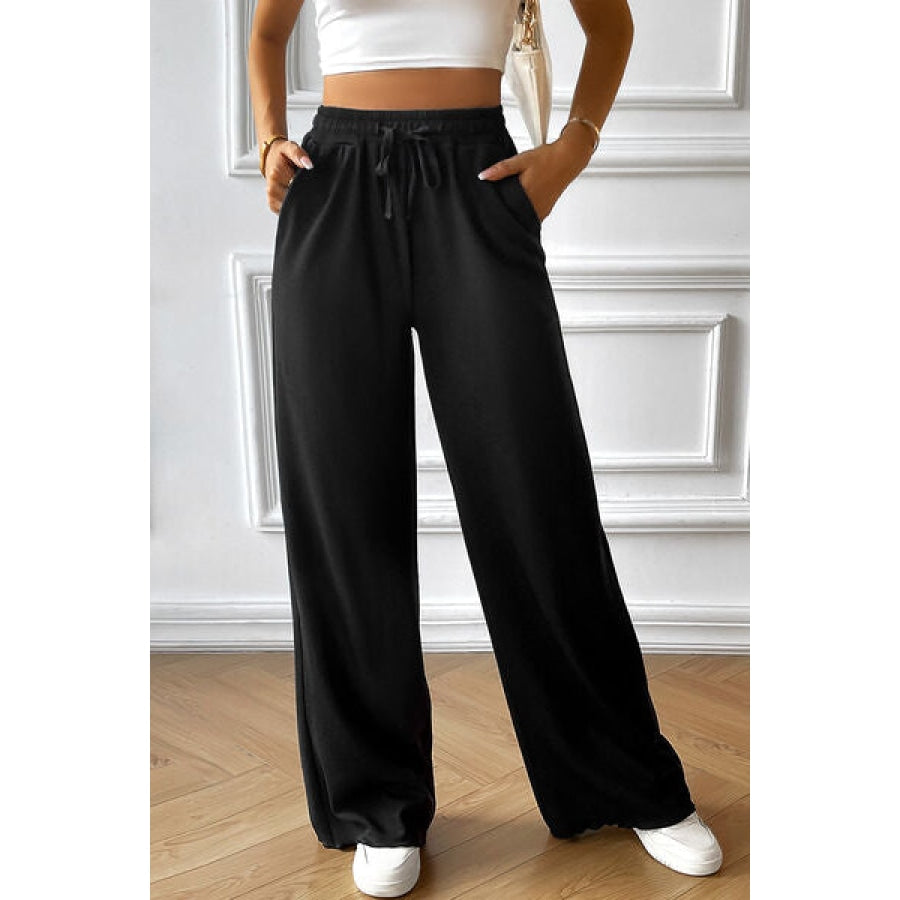 Drawstring Wide Leg Pants with Pocketed Black / S Clothing