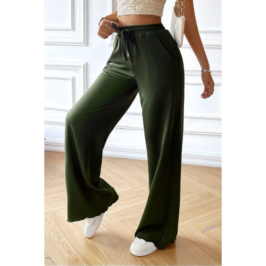 Drawstring Wide Leg Pants with Pocketed Moss / S Clothing