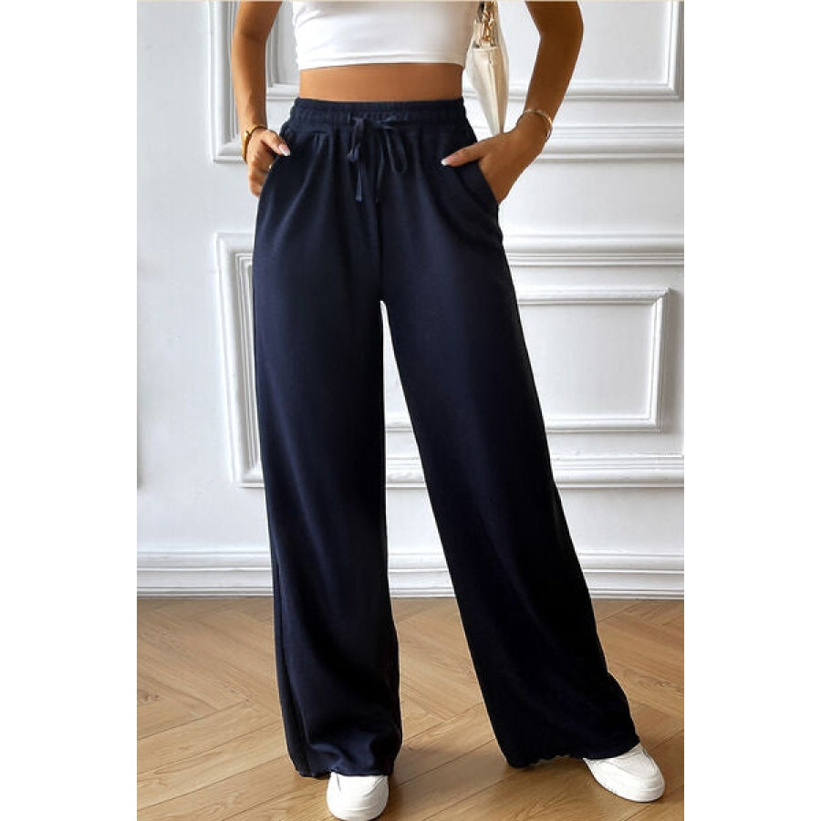 Drawstring Wide Leg Pants with Pocketed Navy / S Clothing