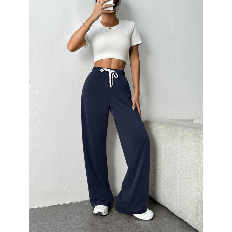 Drawstring Wide Leg Pants with Pockets Apparel and Accessories