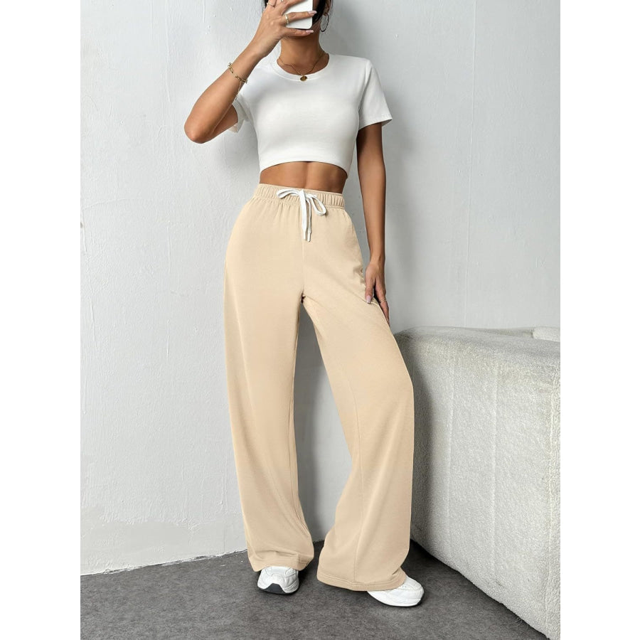 Drawstring Wide Leg Pants with Pockets Apparel and Accessories