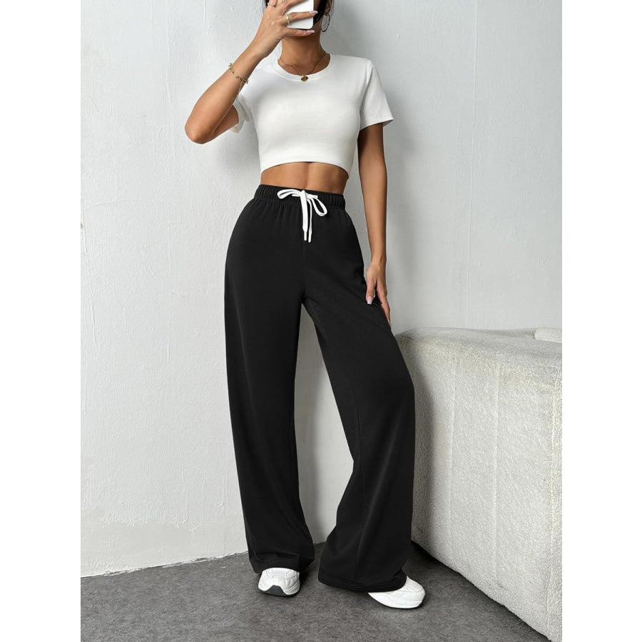 Drawstring Wide Leg Pants with Pockets Apparel and Accessories