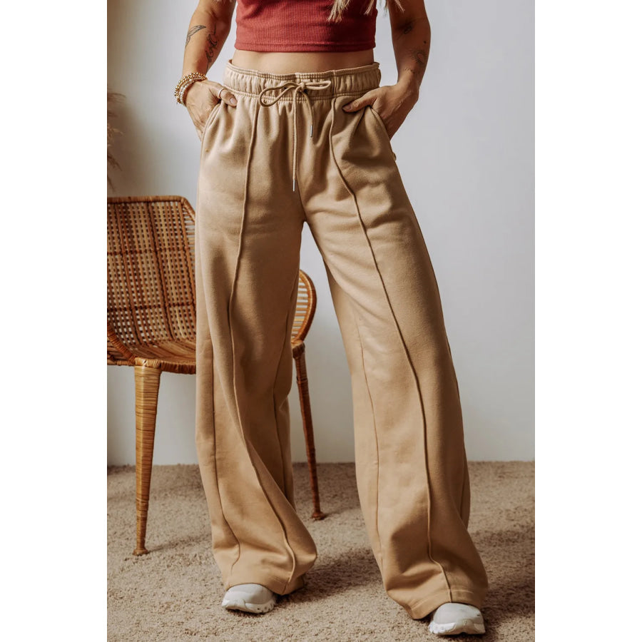 Drawstring Wide Leg Pants with Pockets Tan / S Apparel and Accessories