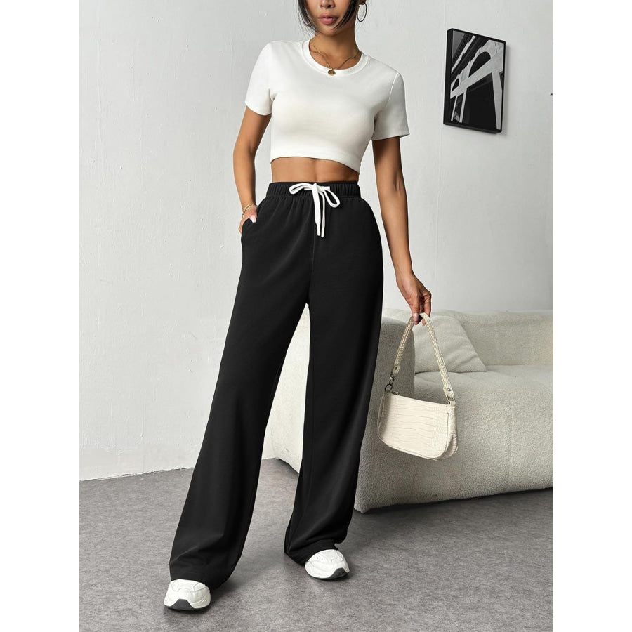 Drawstring Wide Leg Pants with Pockets Black / S Apparel and Accessories