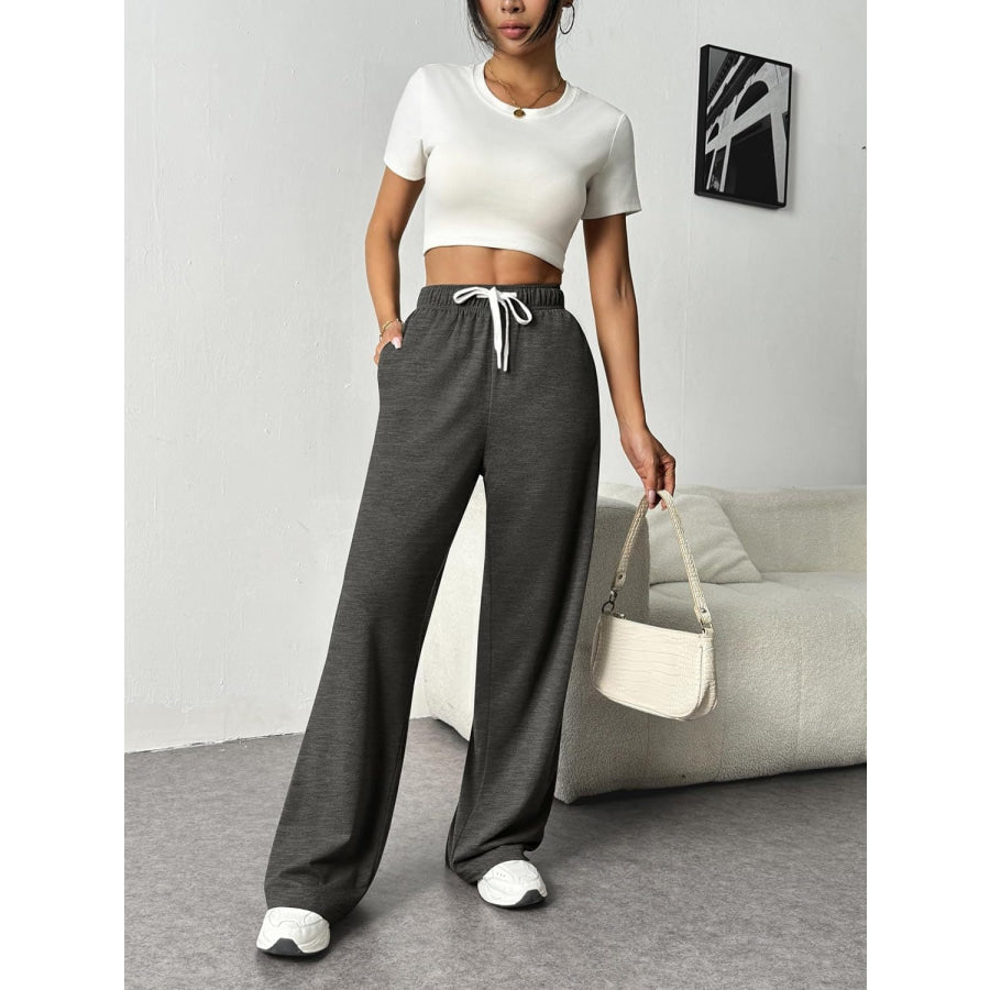 Drawstring Wide Leg Pants with Pockets Dark Gray / S Apparel and Accessories