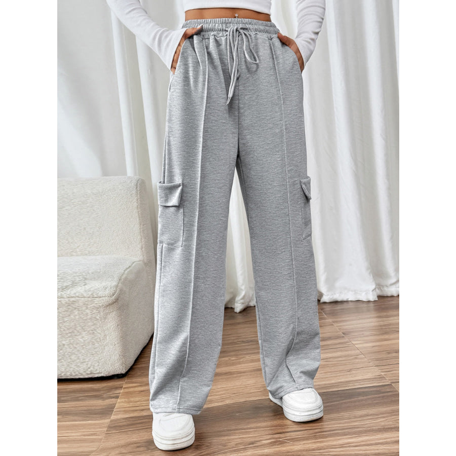 Drawstring Wide Leg Pants with Pockets Gray / S Apparel and Accessories