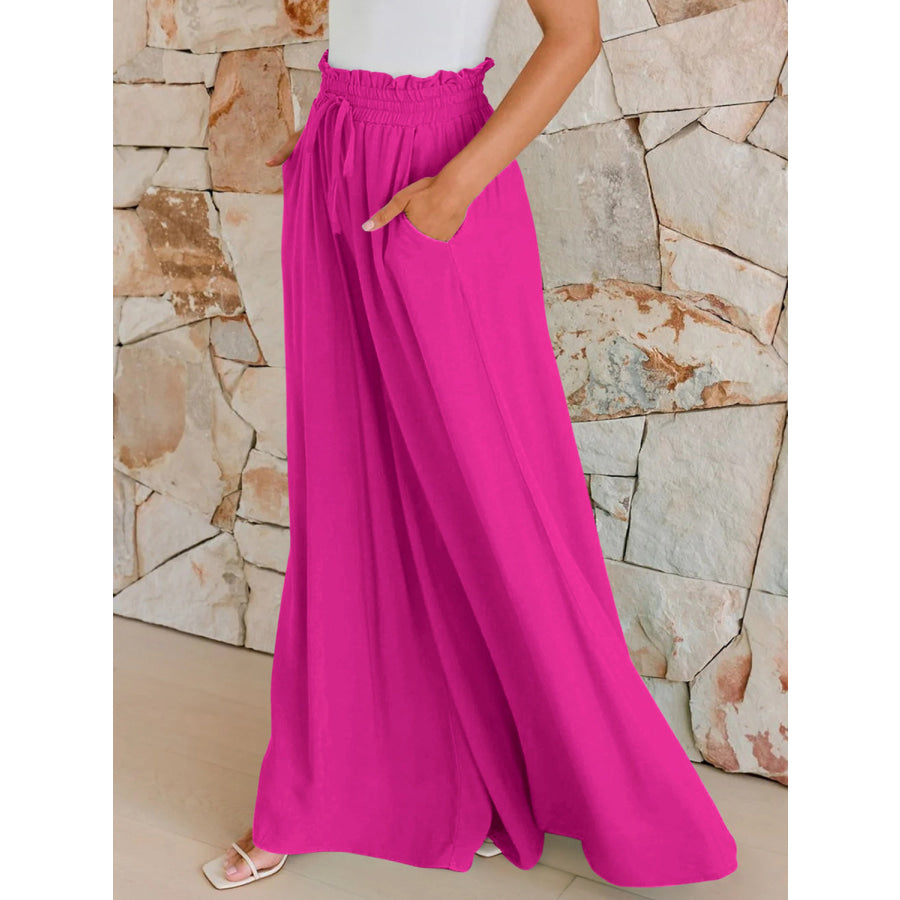 Drawstring Wide Leg Pants with Pockets Hot Pink / S Apparel and Accessories