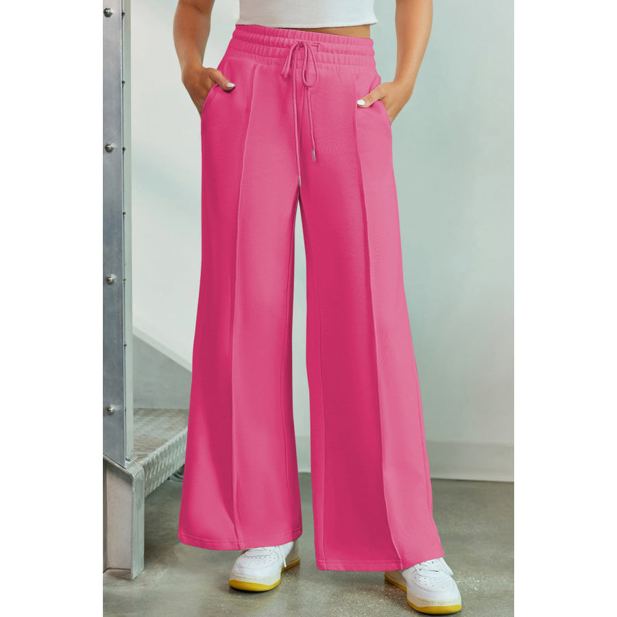 Drawstring Wide Leg Pants with Pockets Hot Pink / S Apparel and Accessories