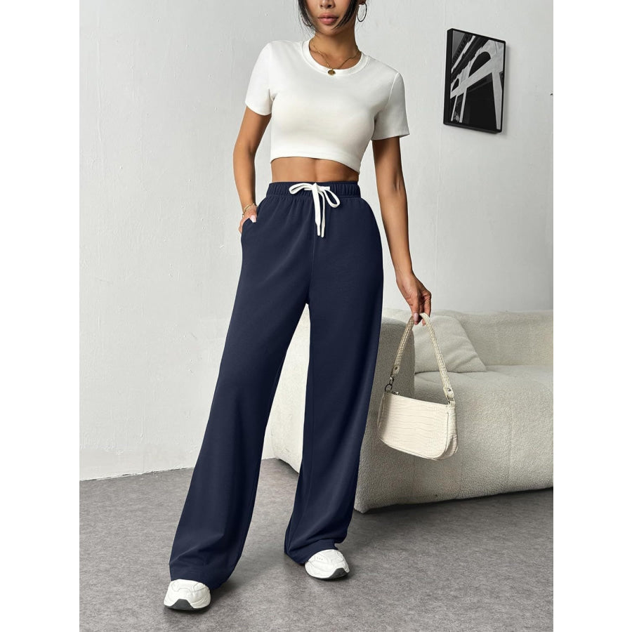 Drawstring Wide Leg Pants with Pockets Navy / S Apparel and Accessories