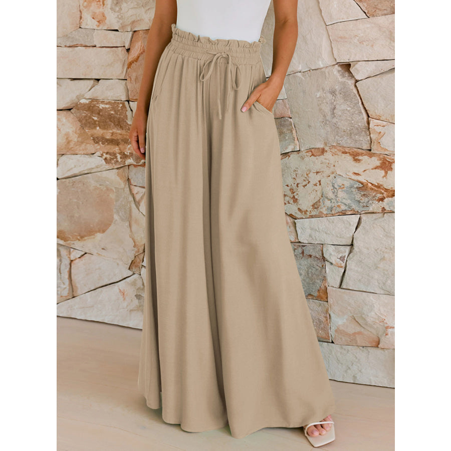 Drawstring Wide Leg Pants with Pockets Tan / S Apparel and Accessories