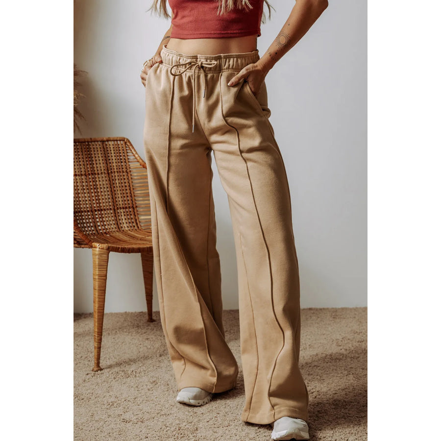 Drawstring Wide Leg Pants with Pockets Tan / S Apparel and Accessories