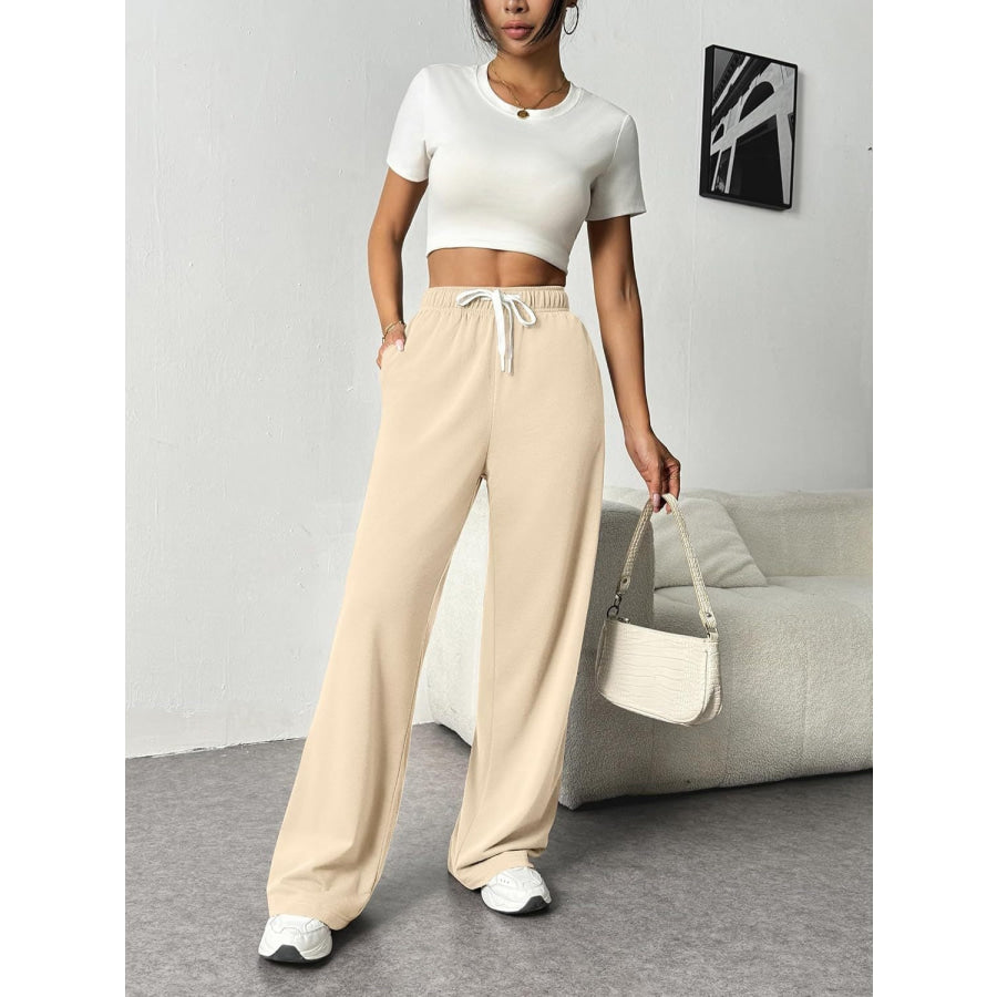 Drawstring Wide Leg Pants with Pockets Tan / S Apparel and Accessories