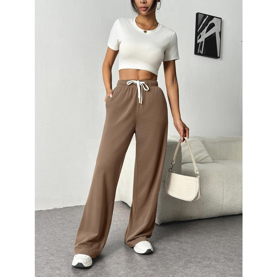 Drawstring Wide Leg Pants with Pockets Taupe / S Apparel and Accessories