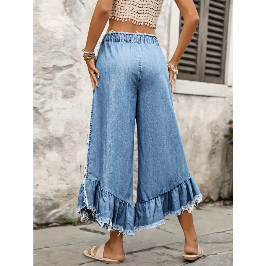 Drawstring Wide-Leg Ruffle Hem Jeans Apparel and Accessories
