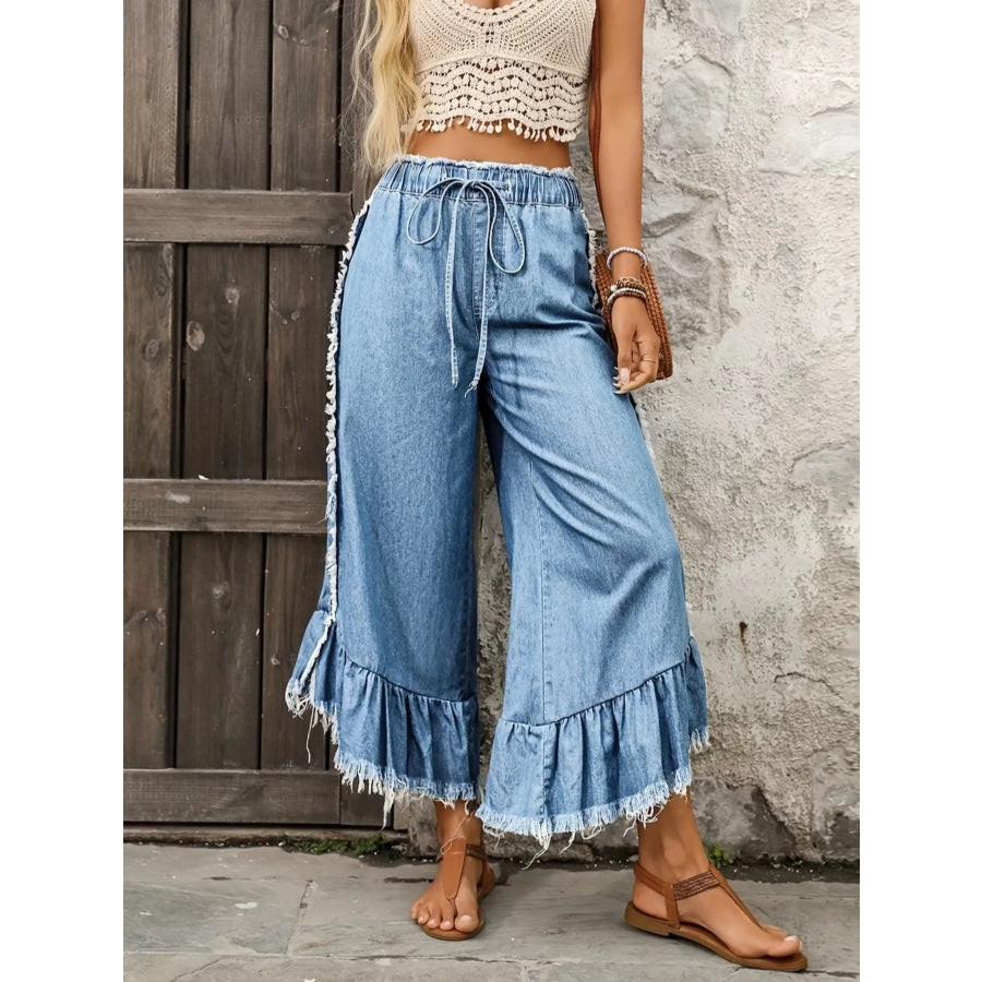 Drawstring Wide-Leg Ruffle Hem Jeans Apparel and Accessories