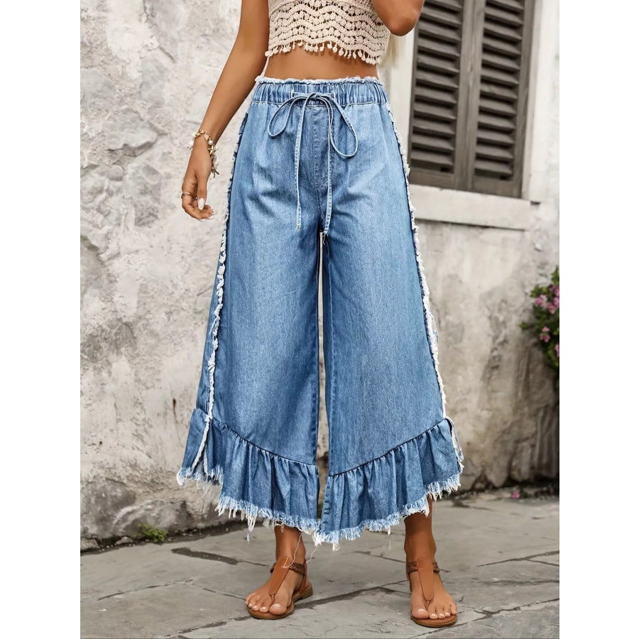 Drawstring Wide-Leg Ruffle Hem Jeans Apparel and Accessories