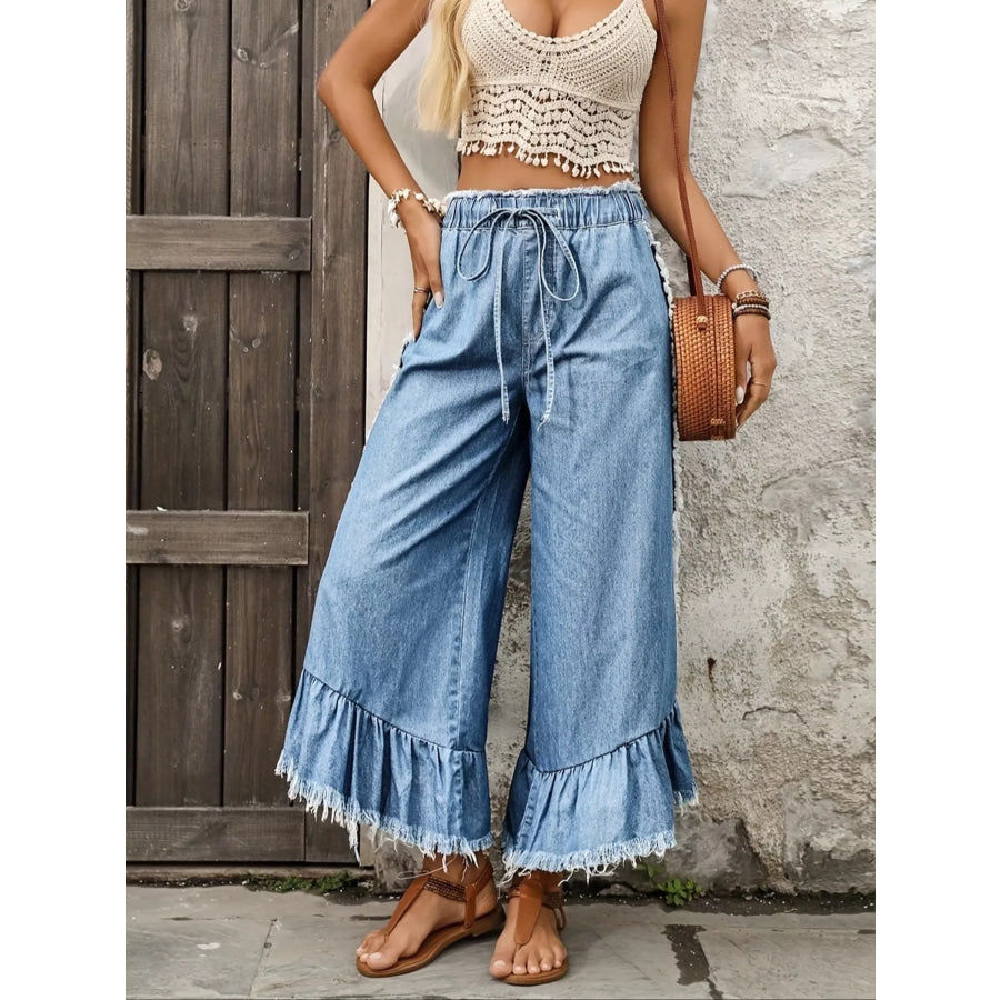 Drawstring Wide-Leg Ruffle Hem Jeans Blue / S Apparel and Accessories