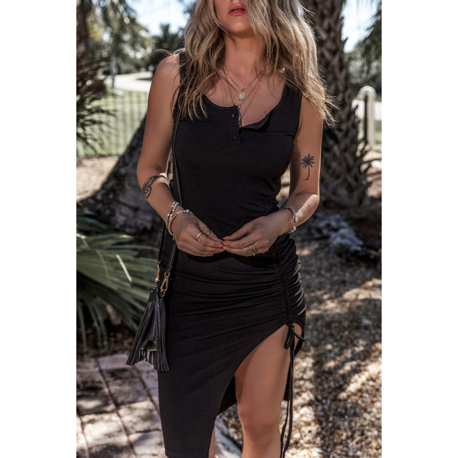 Drawstring Wide Strap Dress Black / S Apparel and Accessories