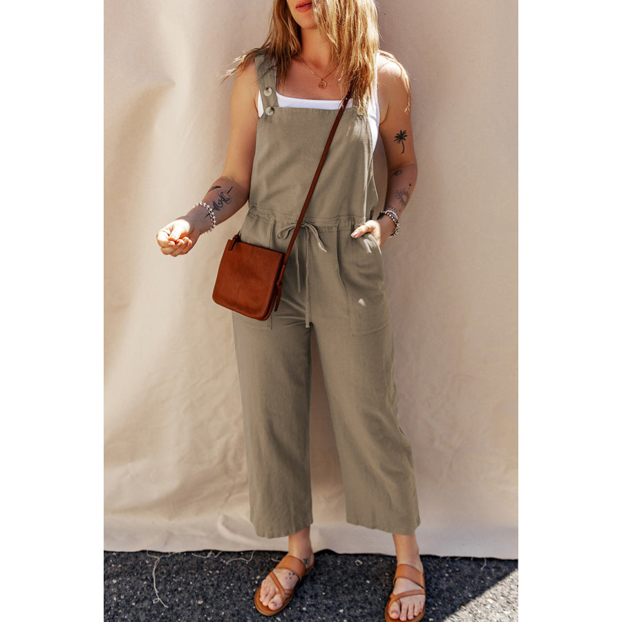 Drawstring Wide Strap Overalls with Pockets Khaki / S Apparel and Accessories