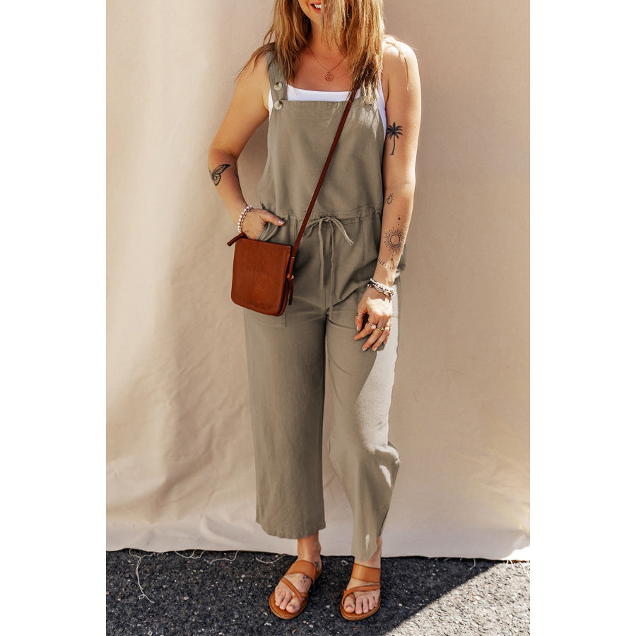 Drawstring Wide Strap Overalls with Pockets Khaki / S Apparel and Accessories