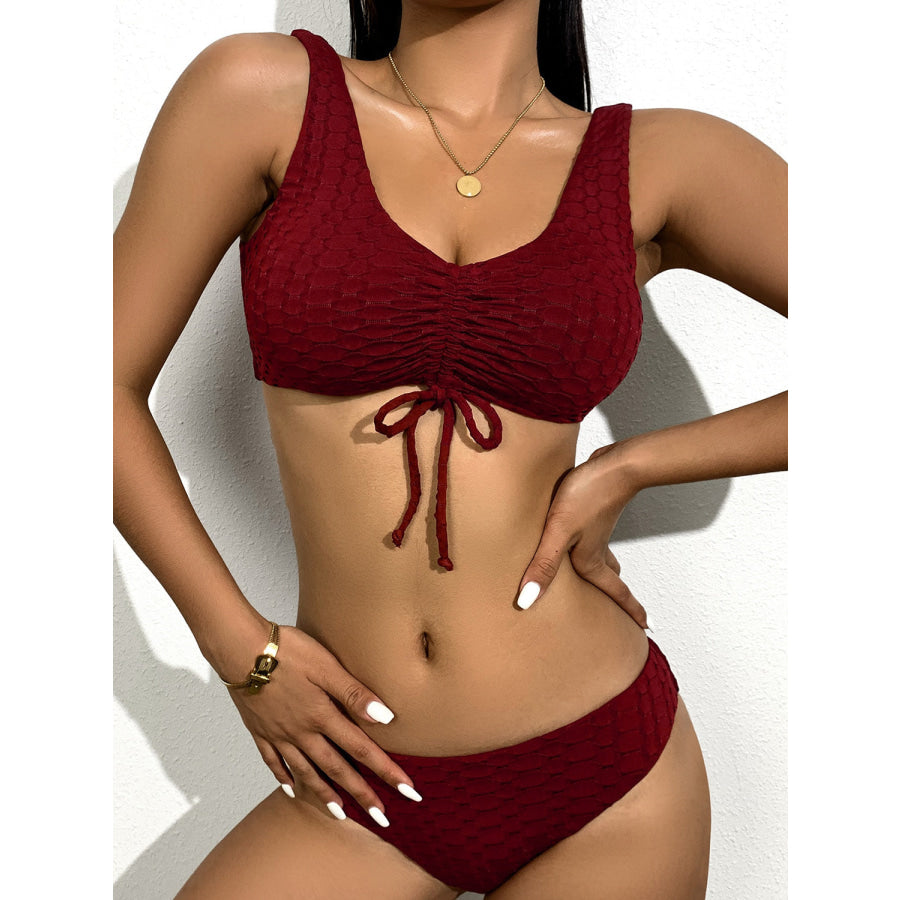 Drawstring Wide Strap Two - Piece Swim Set Wine / S Apparel and Accessories