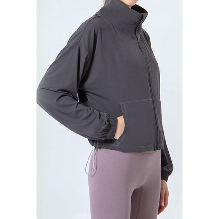 Drawstring Zip Up Dropped Shoulder Active Outerwear Apparel and Accessories