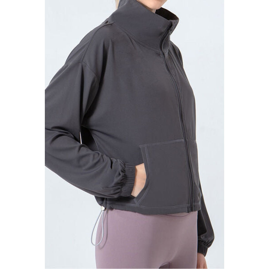 Drawstring Zip Up Dropped Shoulder Active Outerwear Apparel and Accessories