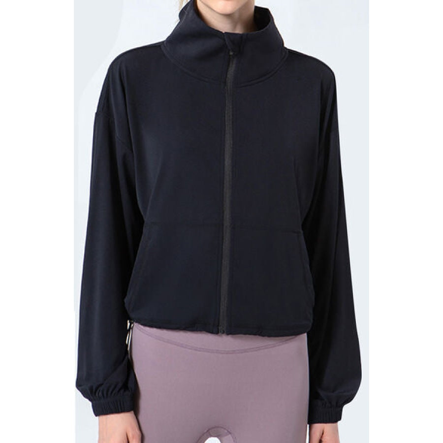 Drawstring Zip Up Dropped Shoulder Active Outerwear Apparel and Accessories