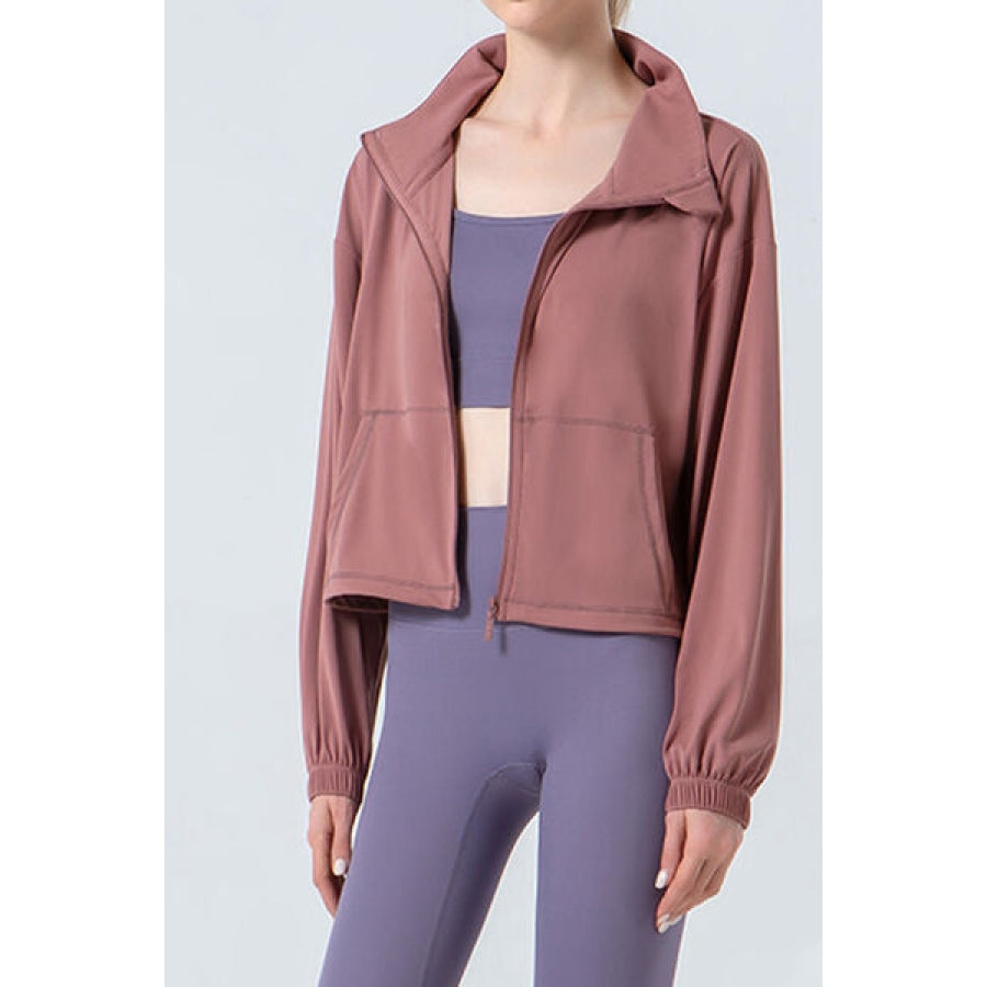 Drawstring Zip Up Dropped Shoulder Active Outerwear Apparel and Accessories