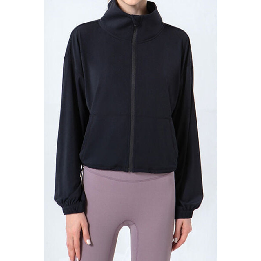 Drawstring Zip Up Dropped Shoulder Active Outerwear Black / S Apparel and Accessories