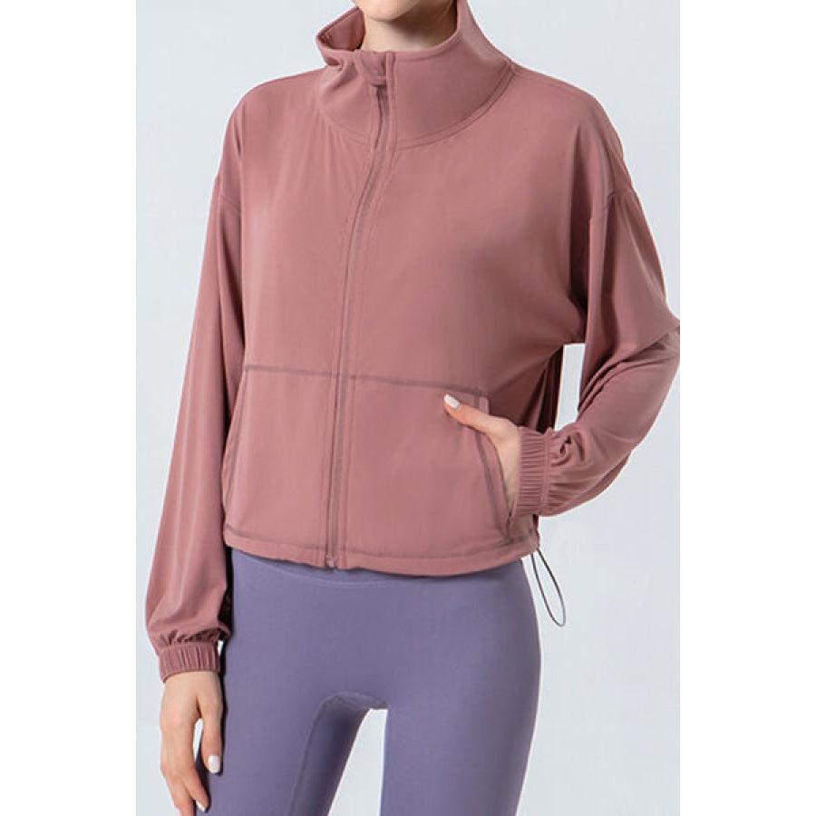 Drawstring Zip Up Dropped Shoulder Active Outerwear Light Mauve / S Apparel and Accessories