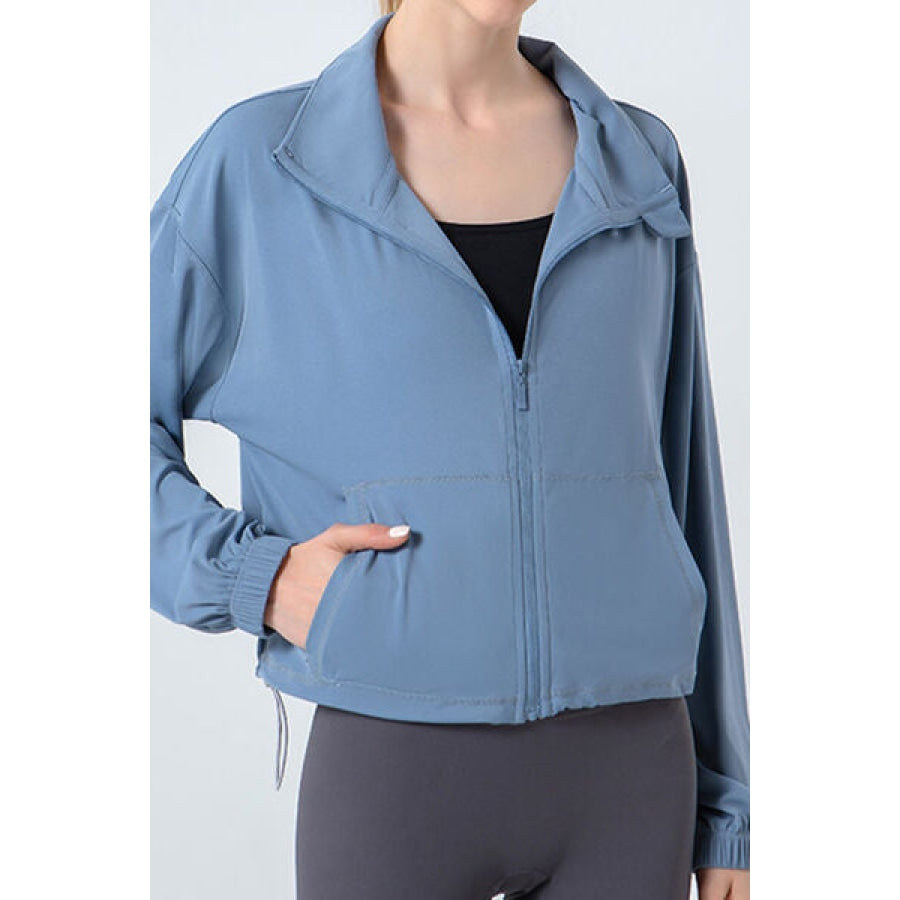 Drawstring Zip Up Dropped Shoulder Active Outerwear Misty Blue / S Apparel and Accessories