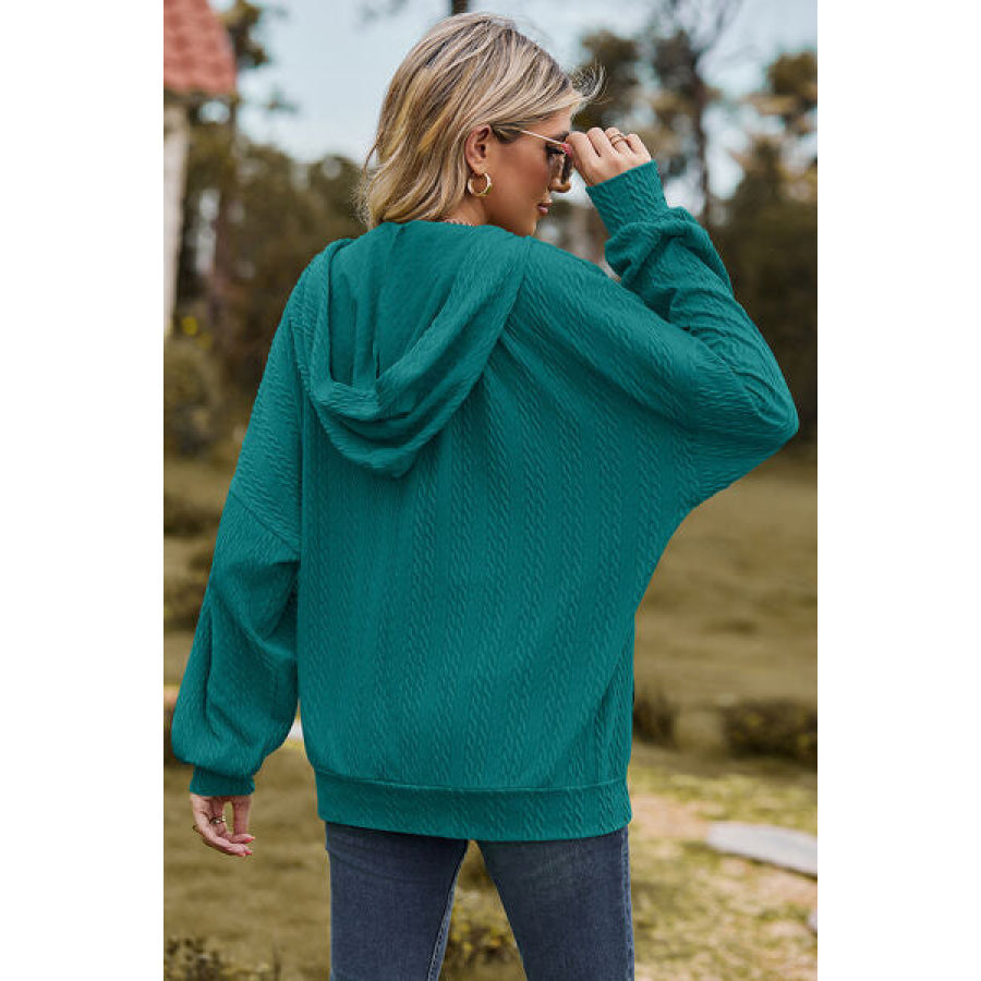 Drawstring Zip Up Dropped Shoulder Hoodie Teal / S Apparel and Accessories