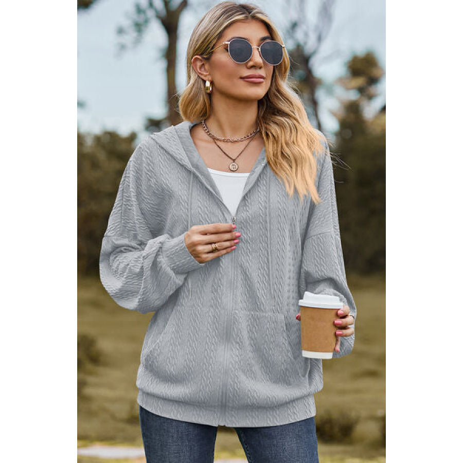 Drawstring Zip Up Dropped Shoulder Hoodie Apparel and Accessories