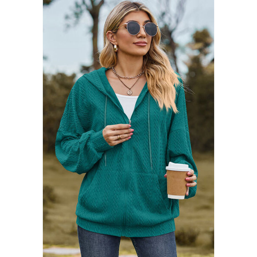 Drawstring Zip Up Dropped Shoulder Hoodie Teal / S Apparel and Accessories