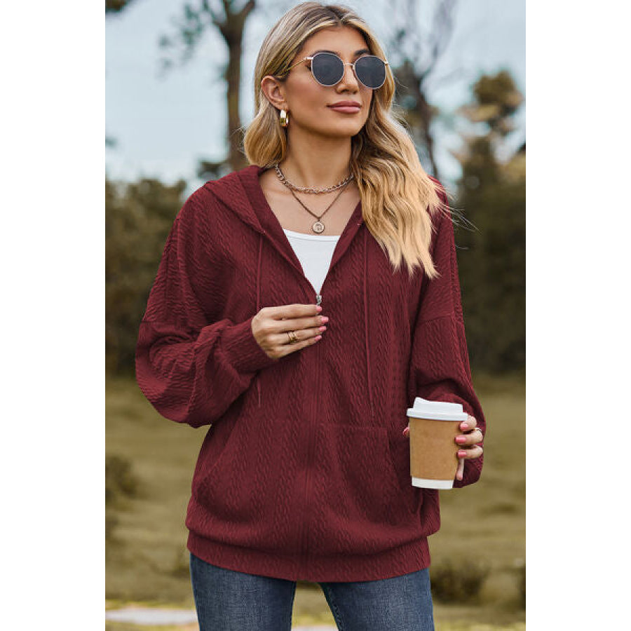 Drawstring Zip Up Dropped Shoulder Hoodie Wine / S Apparel and Accessories