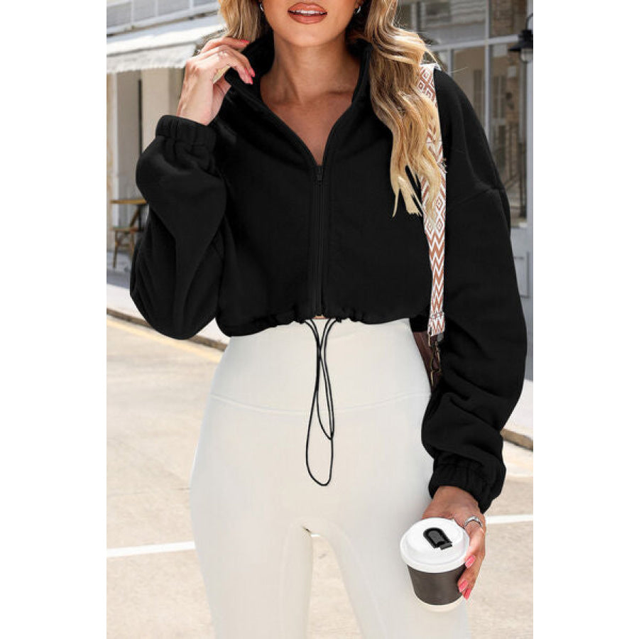 Drawstring Zip Up Dropped Shoulder Outerwear Apparel and Accessories