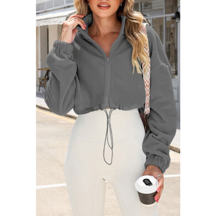 Drawstring Zip Up Dropped Shoulder Outerwear Apparel and Accessories