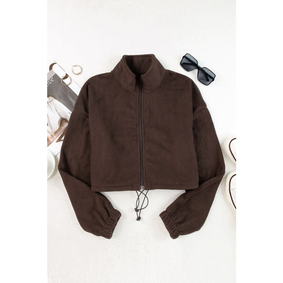 Drawstring Zip Up Dropped Shoulder Outerwear Apparel and Accessories