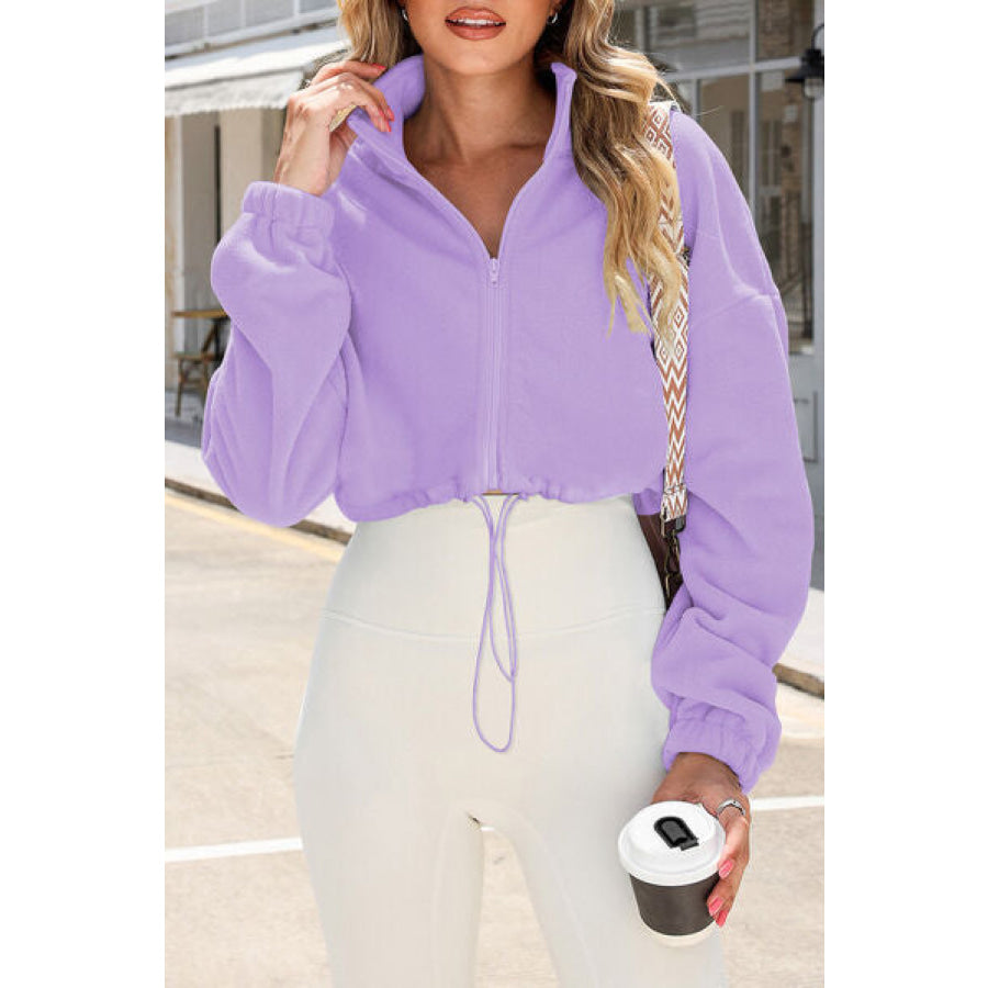 Drawstring Zip Up Dropped Shoulder Outerwear Apparel and Accessories