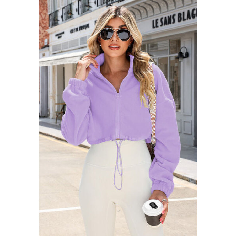 Drawstring Zip Up Dropped Shoulder Outerwear Lavender / S Apparel and Accessories